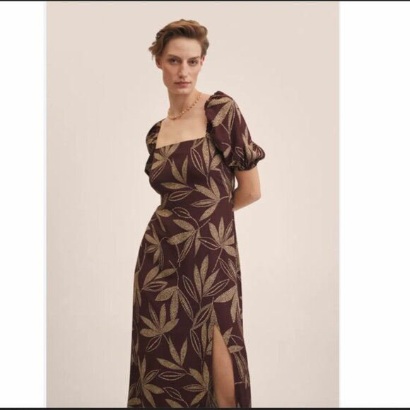 Mango Brown Puff Sleeve Midi Dress with Gold Leaf Print – Size XXL - Picture 7 of 11
